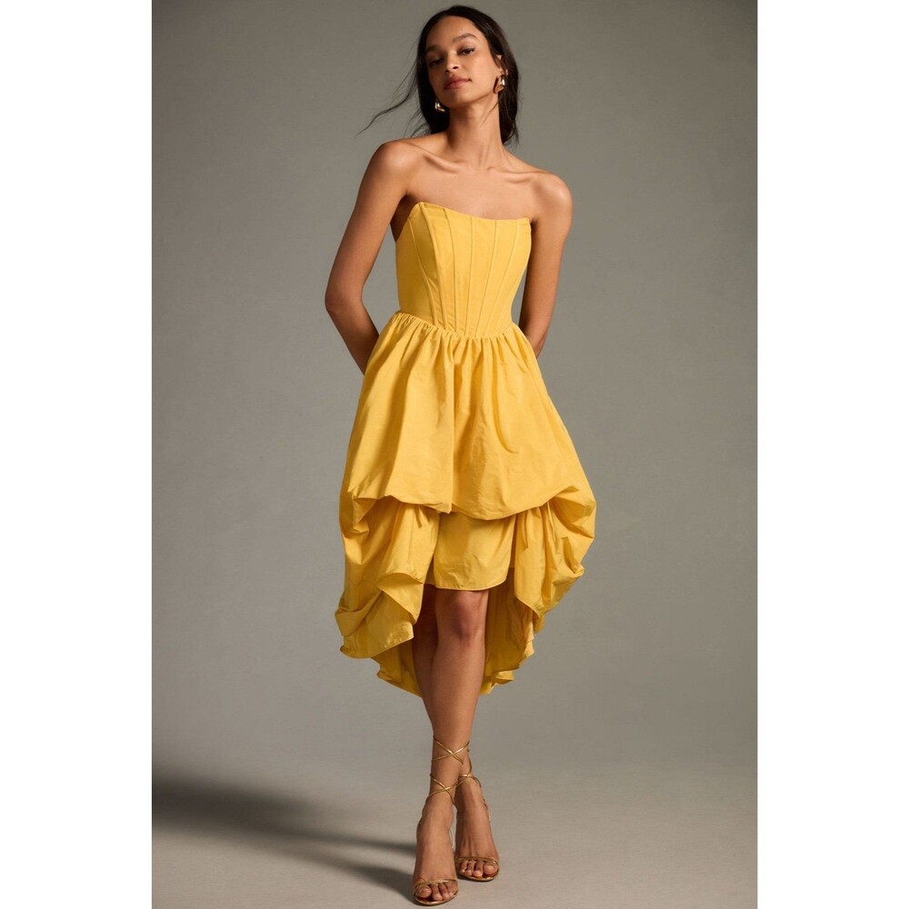 Anthropologie Strapless High-Low Bubble Hem Dress in Mustard Yellow